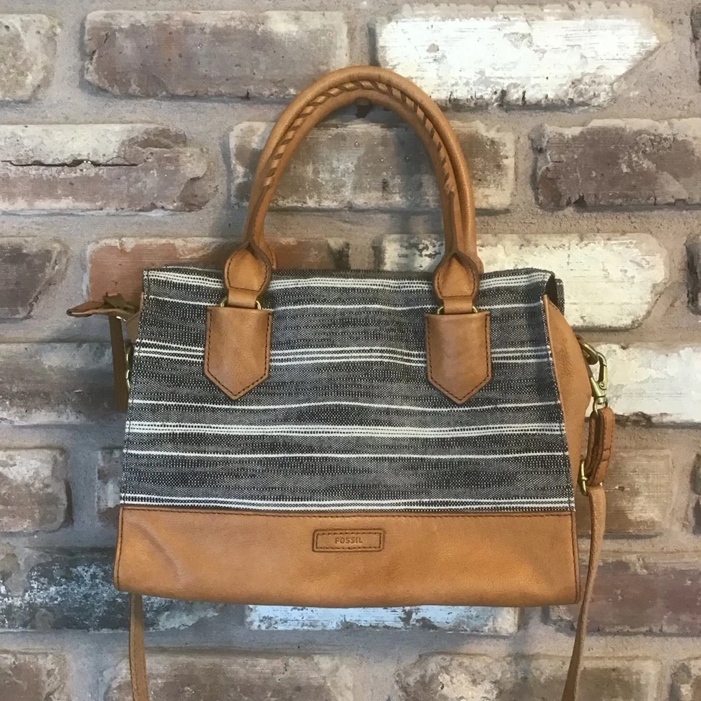 FOSSIL Black Ecru Stripe Textile Cognac Leather Trim Satchel Shoulder Bag